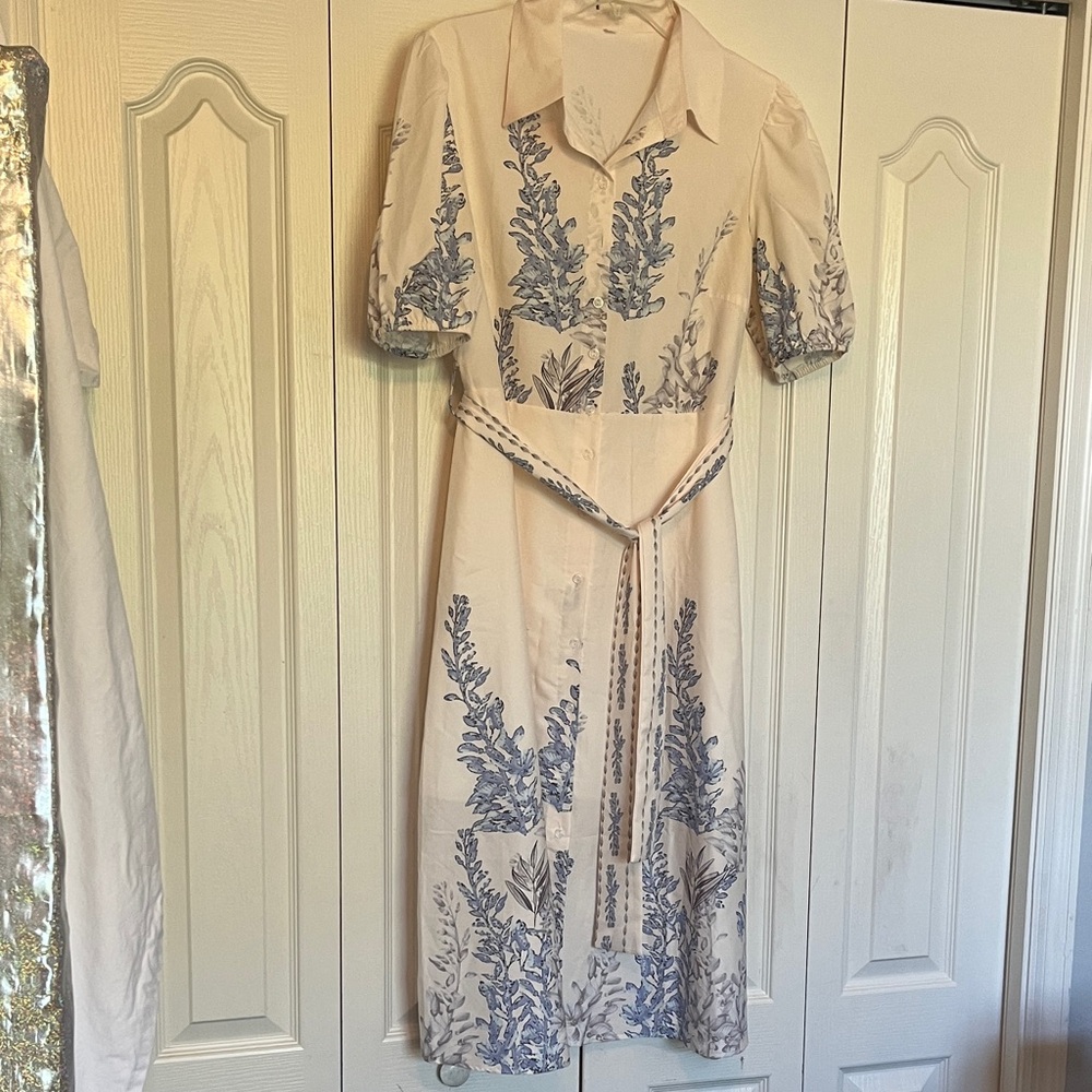 Cream Midi Dress with Blue Botanical Print and Tie Waist